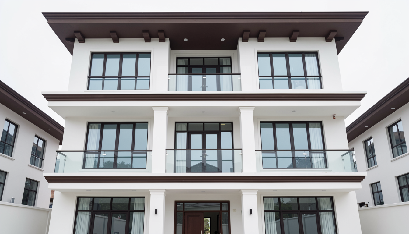 杭州新中式风格别墅外墙仿石漆完工实景，深槽与拱抱石工艺分格线条立体，层次分明