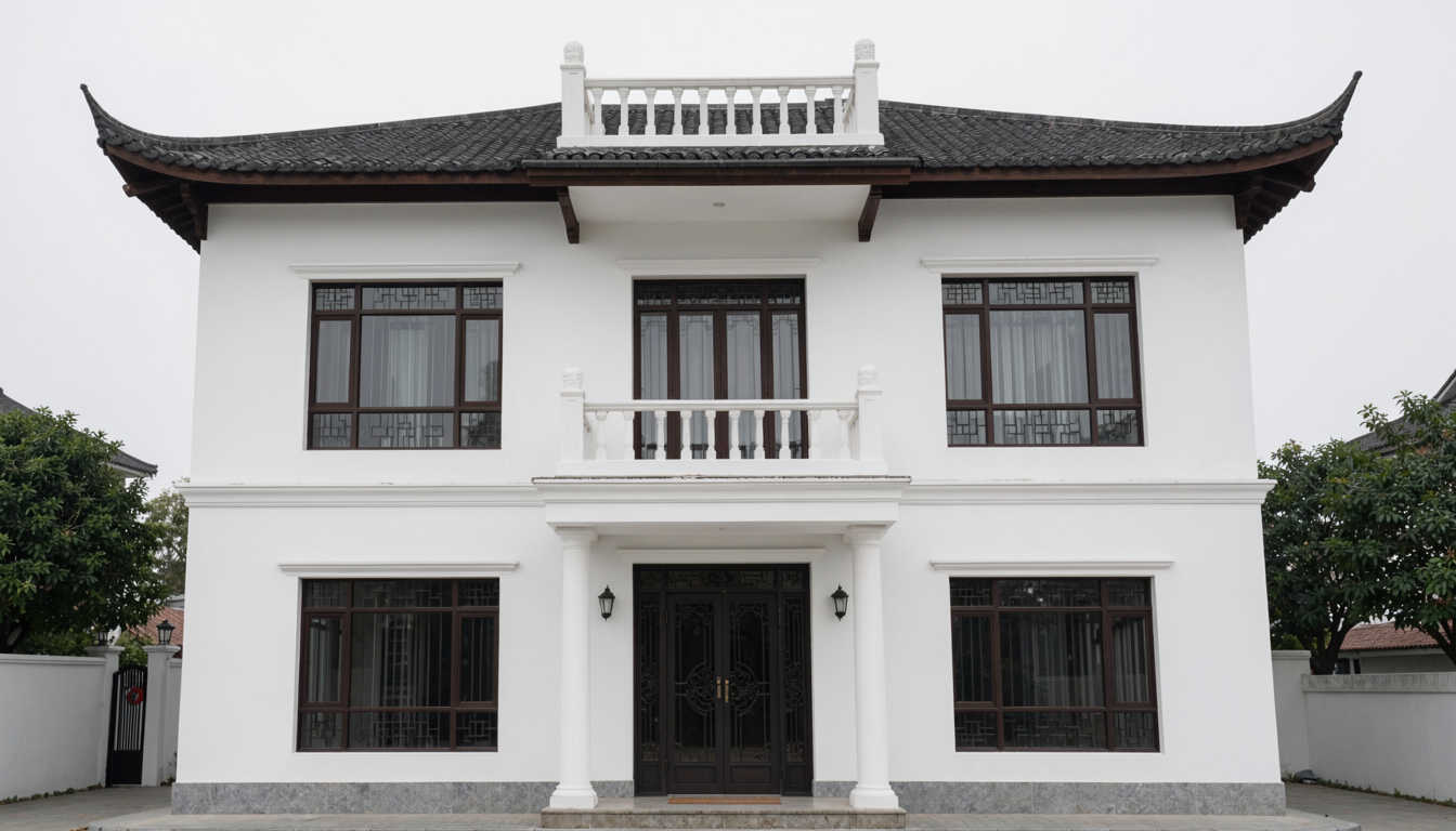 杭州新中式风格别墅外墙仿石漆完工实景，立体岩彩石层次分明，立面大气稳重