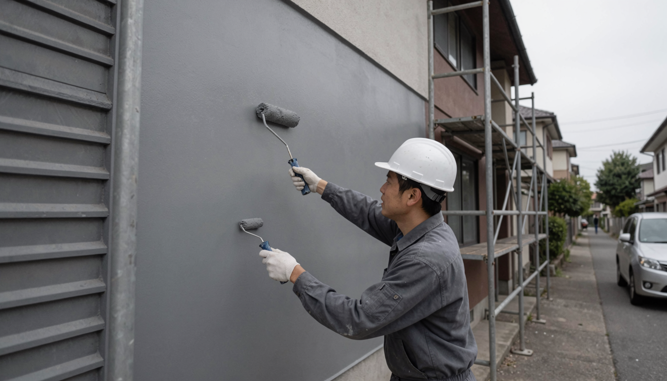 杭州老旧小区外墙翻新施工：工人涂刷外墙涂料