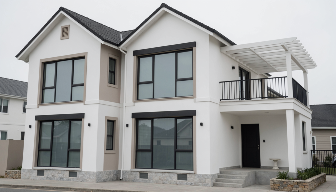 杭州现代风格多层住宅外墙仿石漆翻新效果示意，浅色饰面搭配深色窗框，墙面平整干净