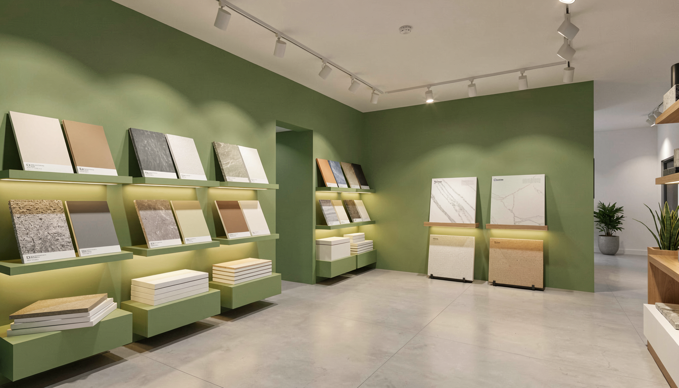 绿色建材展厅中陈列外墙仿石漆样板和节能保温材料