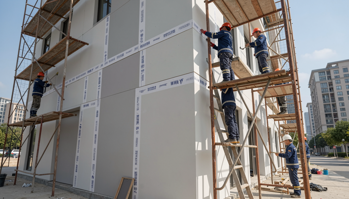 建筑工人在对外墙外保温系统进行节能升级施工