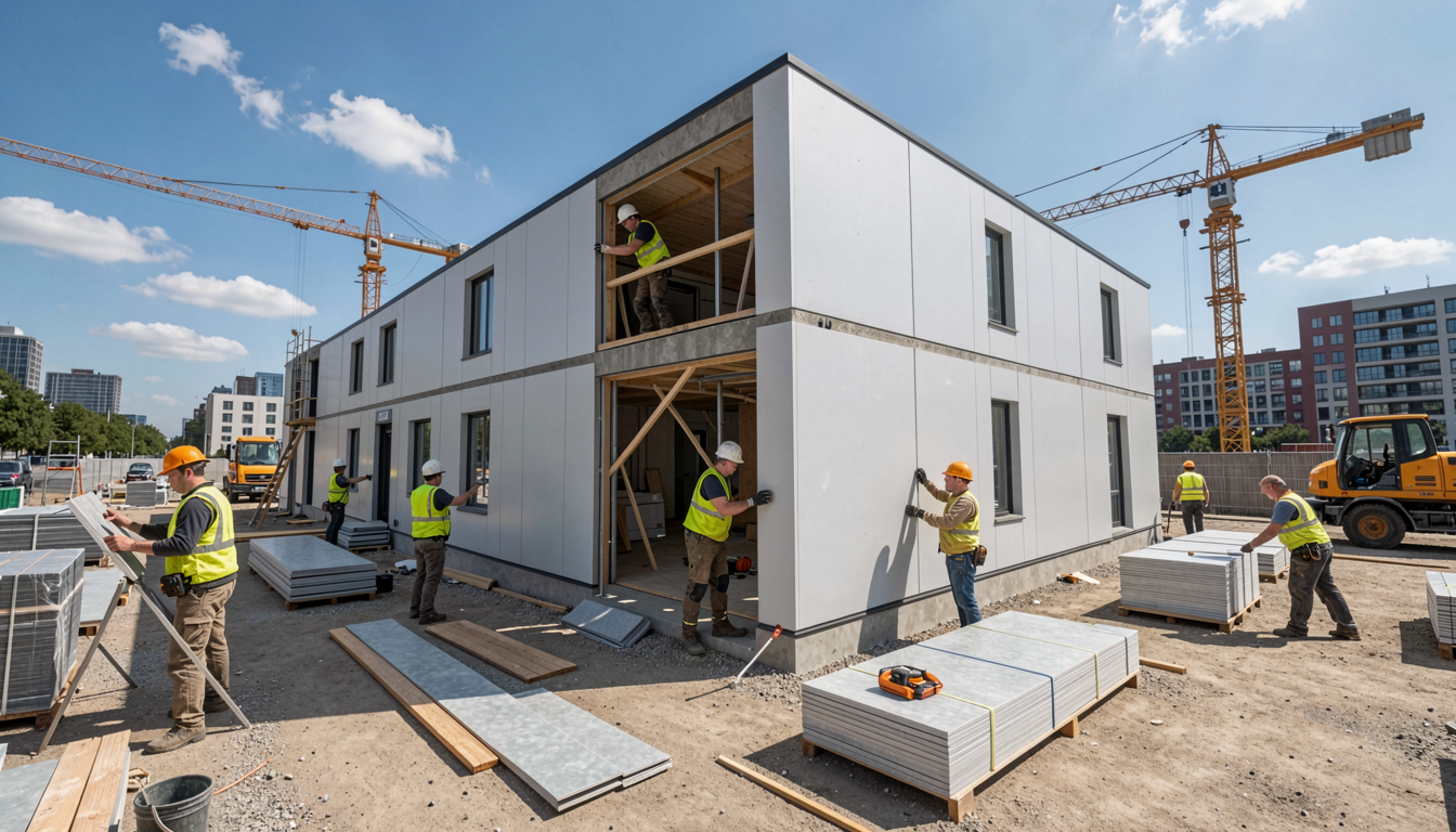 装配式建筑施工现场——工人正在吊装预制墙板模块