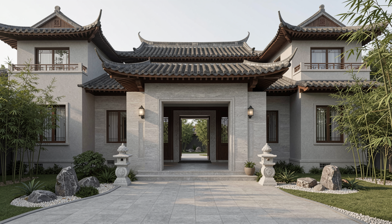 新中式别墅外墙仿石漆效果——暖灰白麻色系搭配