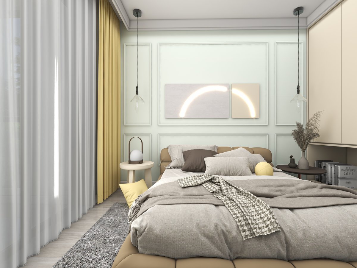 薄荷新叶 · 荷兰乳酪 · 主卧效果图 — 主卧墙面采用薄荷新叶色搭配荷兰乳酪色木作，灰色床品与木质家具营造宁静舒适的睡眠空间