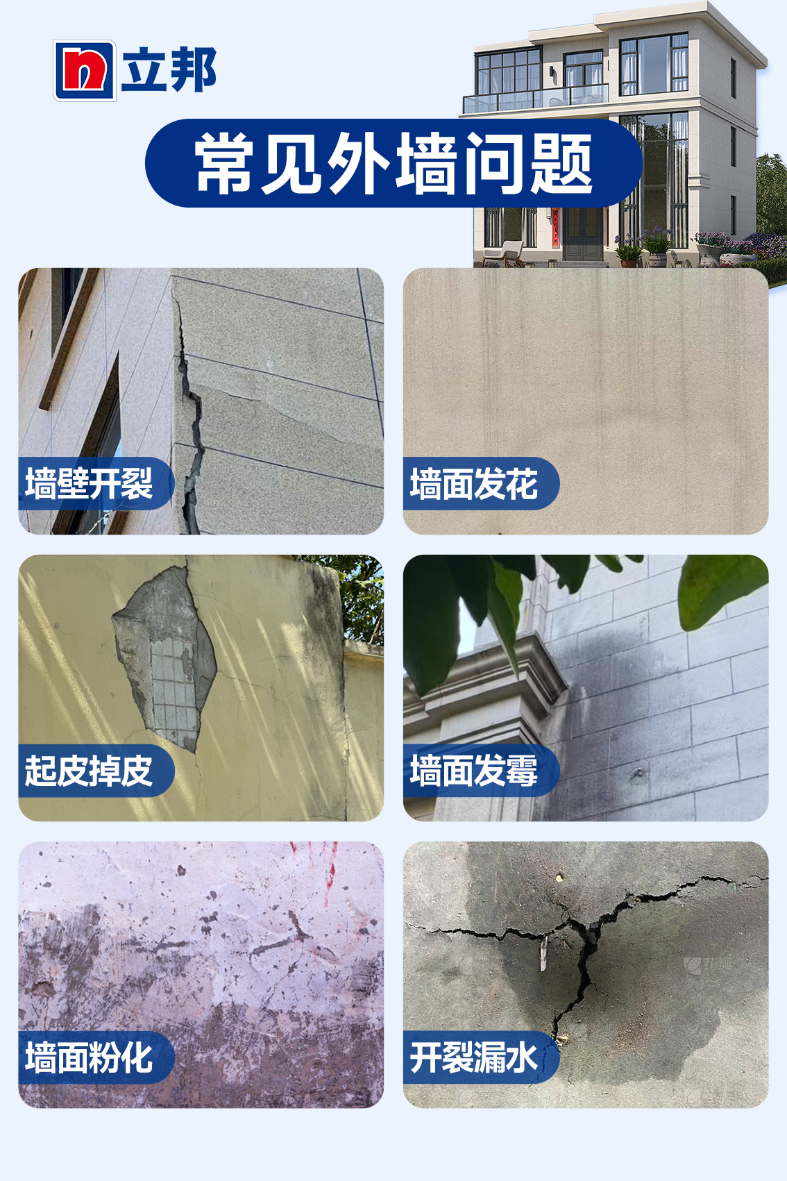 杭州外墙仿石漆常见问题展示 — 展示了仿石漆外墙开裂、起皮、空鼓等常见质量问题，帮助业主快速识别问题类型